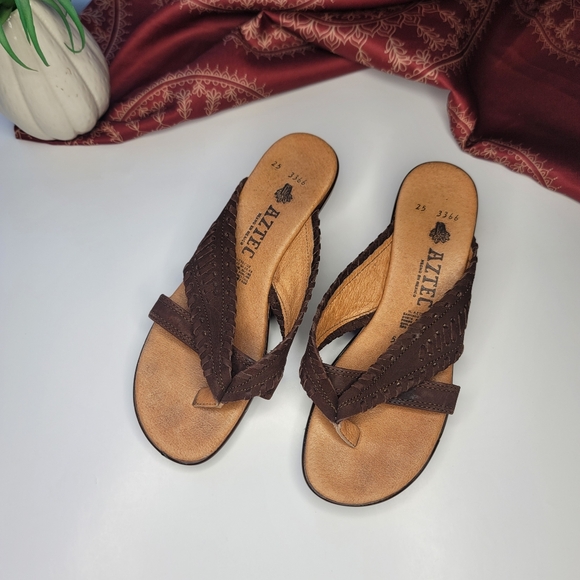 H. Aztec Made In Mexico Sandals Brown Leather Size 25 US8 - Picture 2 of 11